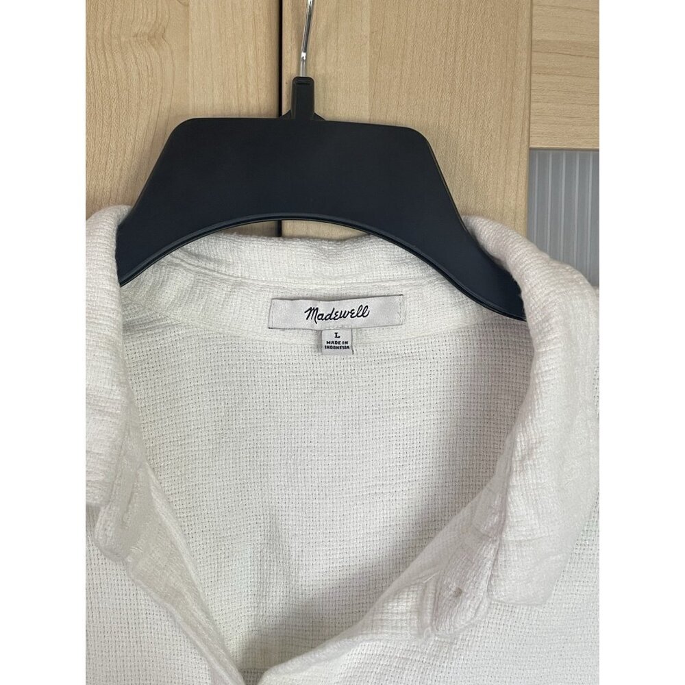 Madewell White Woven Short Sleeve Top Sz L Button Up Crop Coastal Travel Casual - Picture 2 of 4